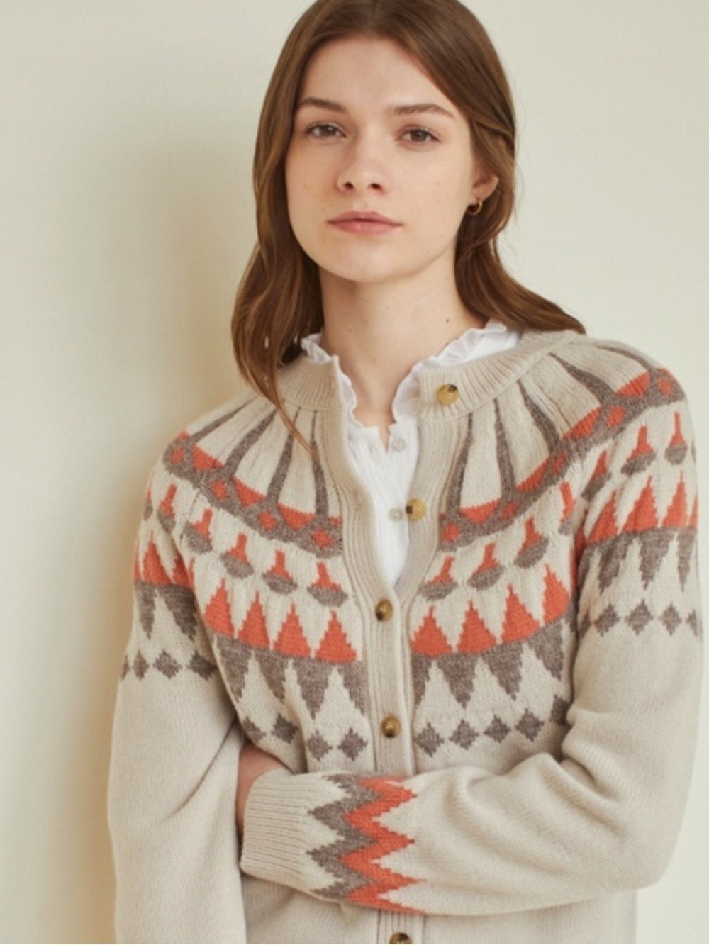Yerse Nordic Fair Isle Wool Blend Knit Cardigan Size M